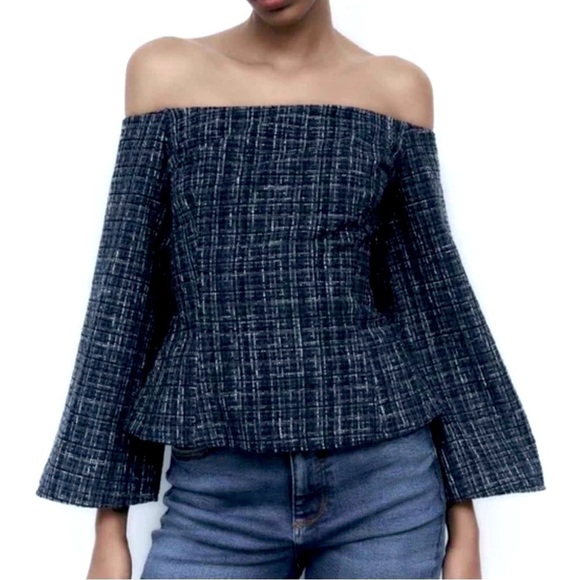 Zara Tops - ZARA Women's Blouse, Off the Shoulder, Blue Plaid Pattern, Size M, New with Tag